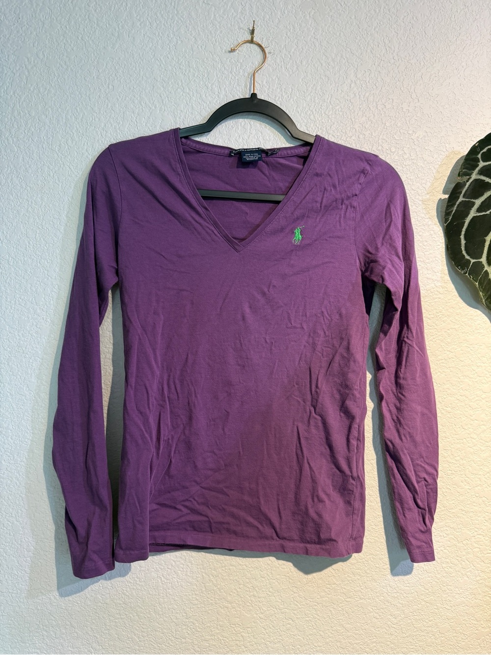 Ralph Lauren Purple V-Neck Long Sleeve Tee with Green Pony